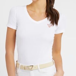 Guess White V-Neck Tee with Logo